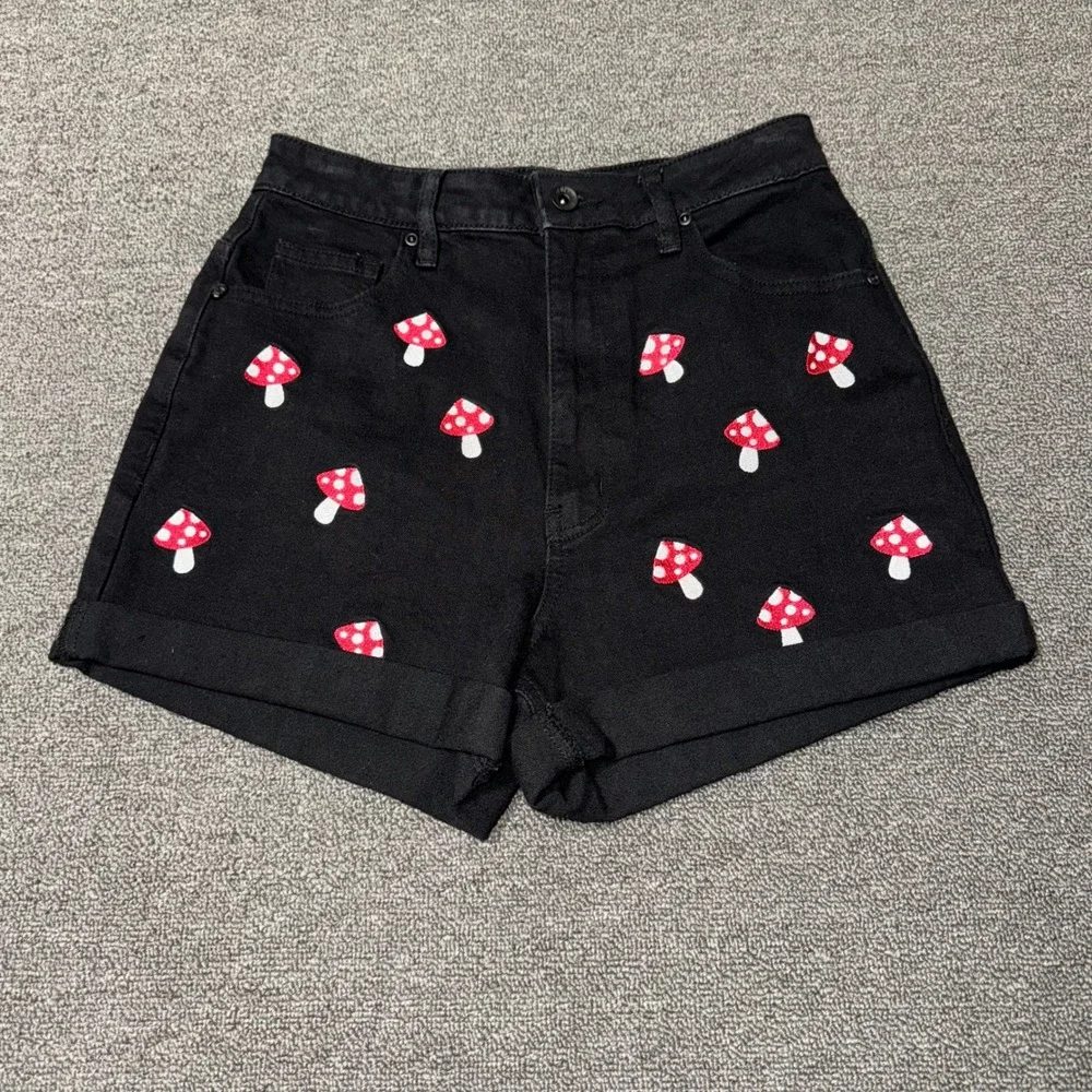 Hot Topic Mushroom Embroidered Black Denim Shorts High Waisted Cuffed Size 3